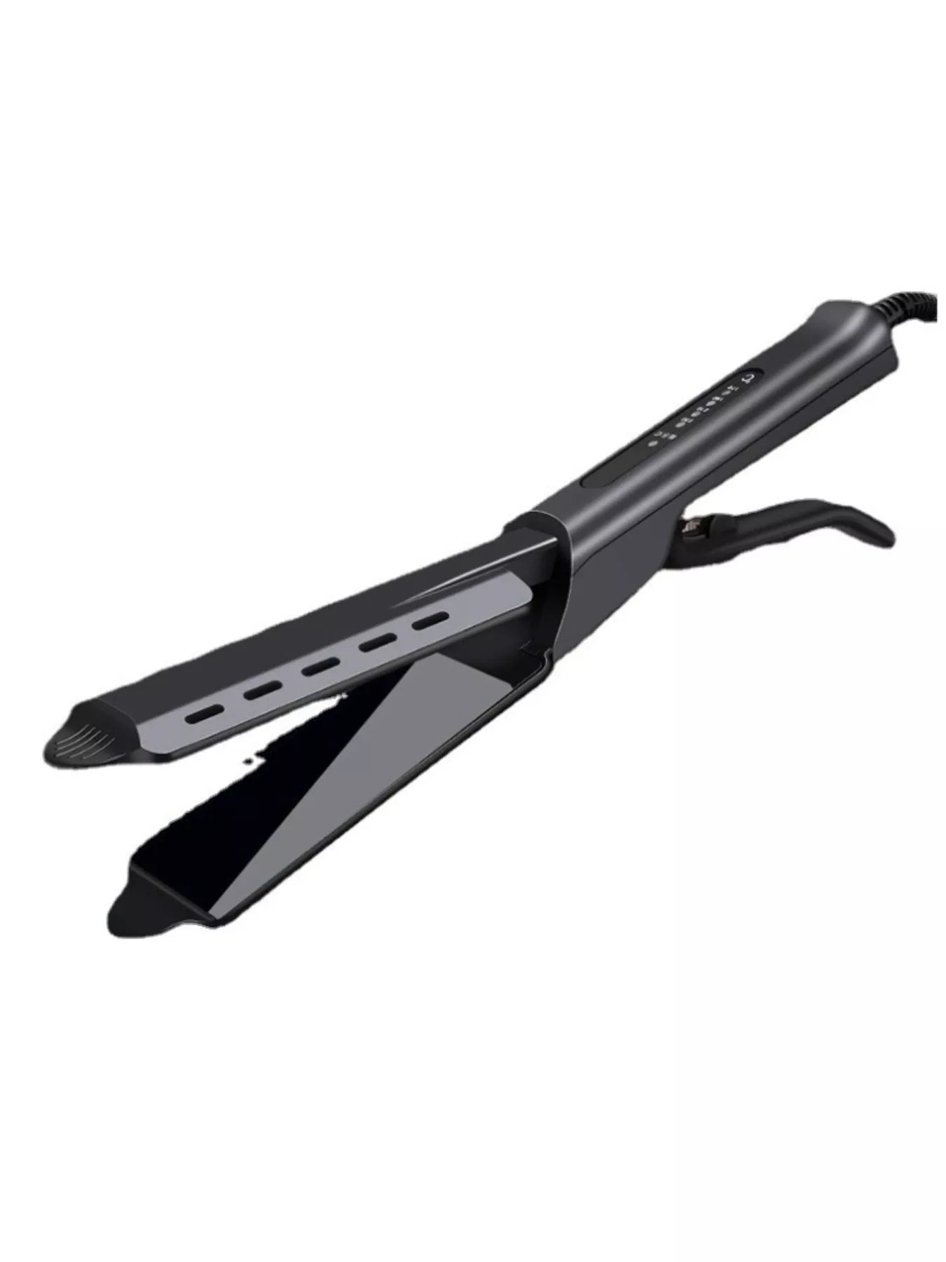 Black Trendsi adjustable temperature hair straightener with European plug, featuring sleek design and ceramic plates for smooth styling.