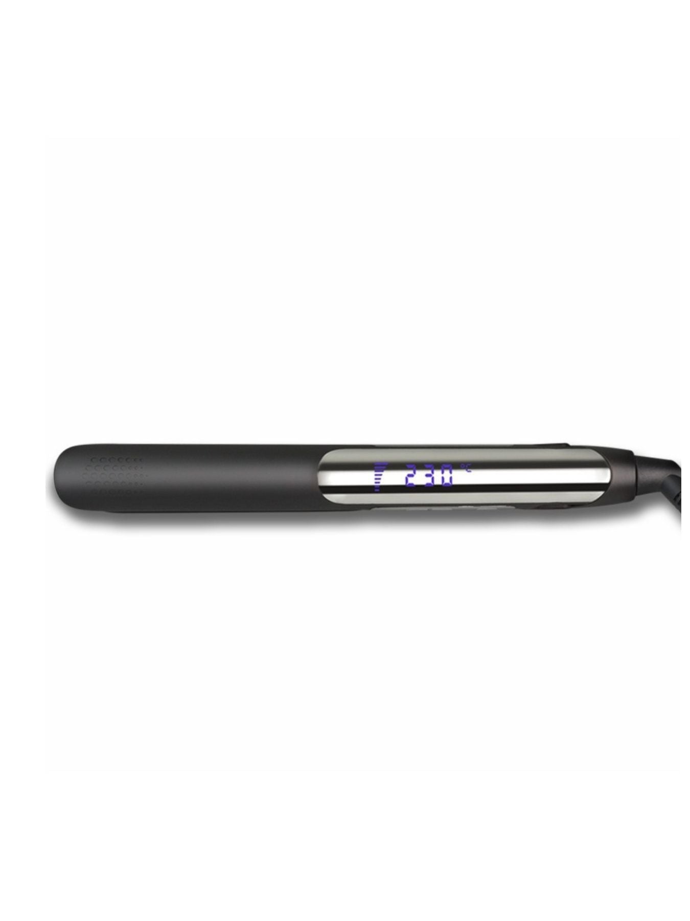 Black Trendsi adjustable temperature hair straightener with European plug, showing ceramic plates and digital temperature controls.