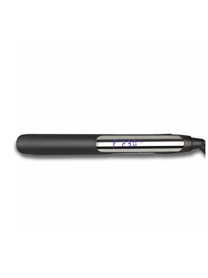 Black Trendsi adjustable temperature hair straightener with European plug, showing ceramic plates and digital temperature controls.