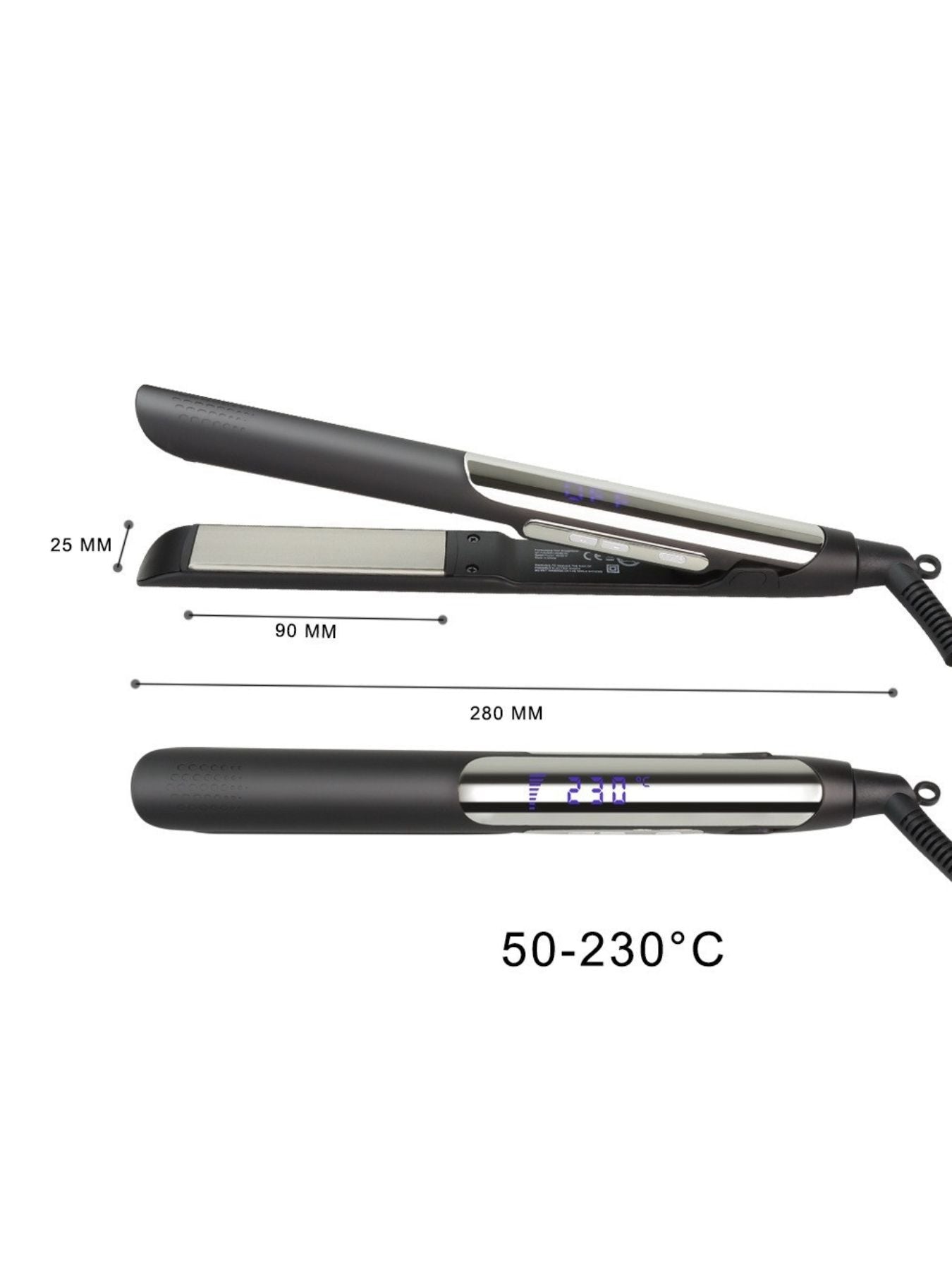 Black Trendsi adjustable temperature hair straightener with European plug, featuring sleek design and ceramic plates for smooth styling.