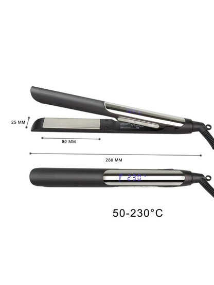 Black Trendsi adjustable temperature hair straightener with European plug, featuring sleek design and ceramic plates for smooth styling.