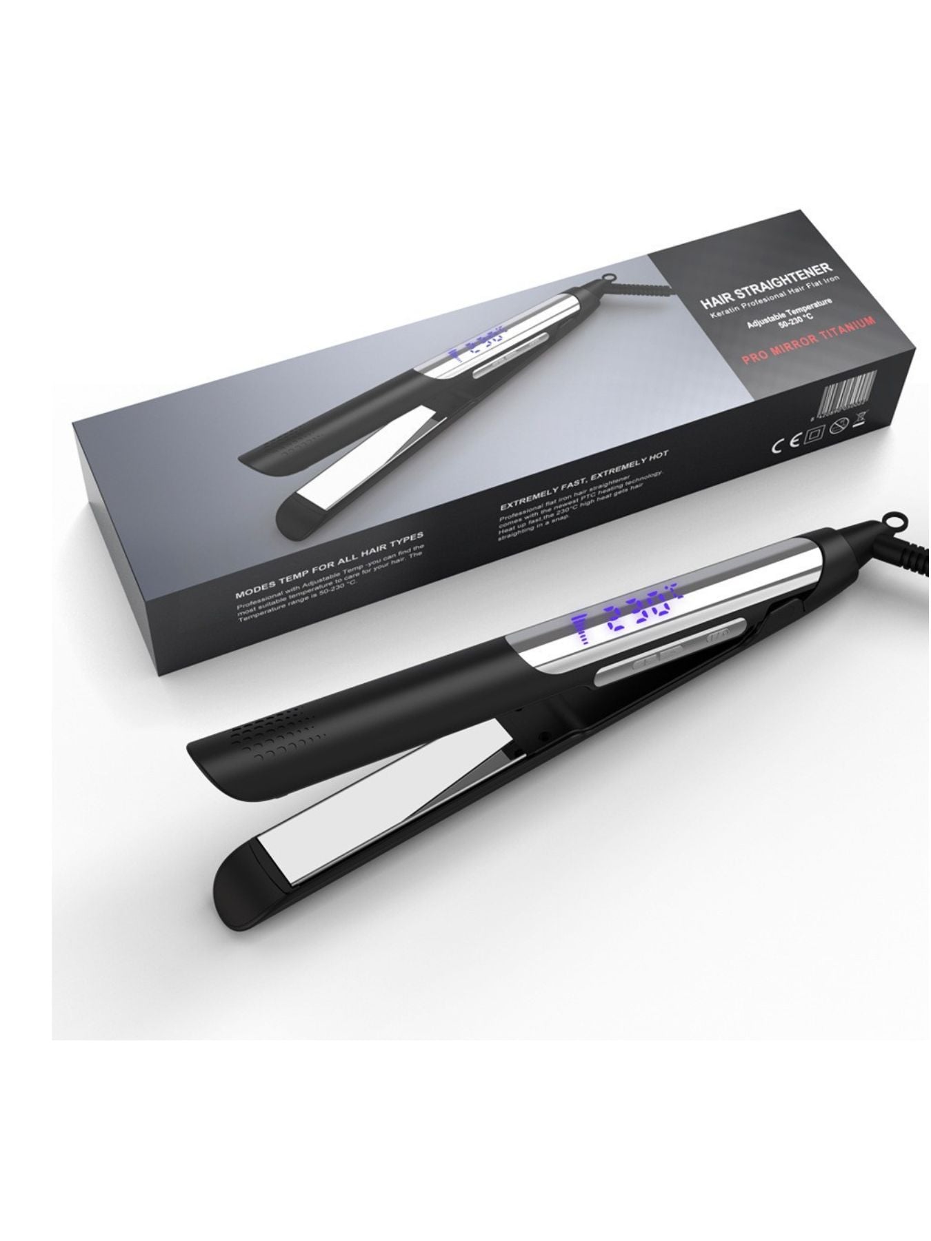 Black Trendsi adjustable temperature hair straightener with European plug, sleek design for smooth, styled hair.