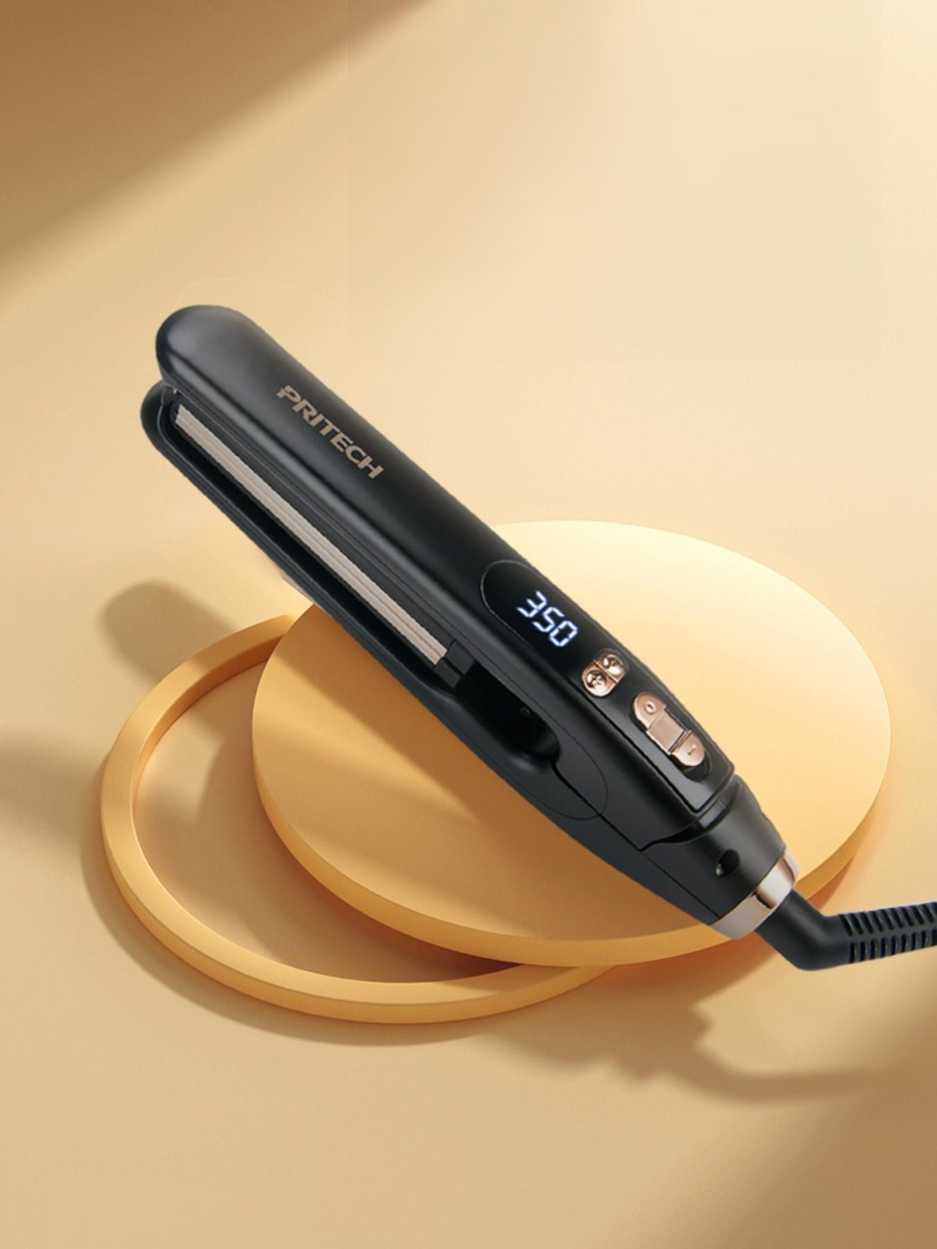 Black Trendsi digital display hair straightener with European plug and sleek design, showing temperature controls and ceramic plates.