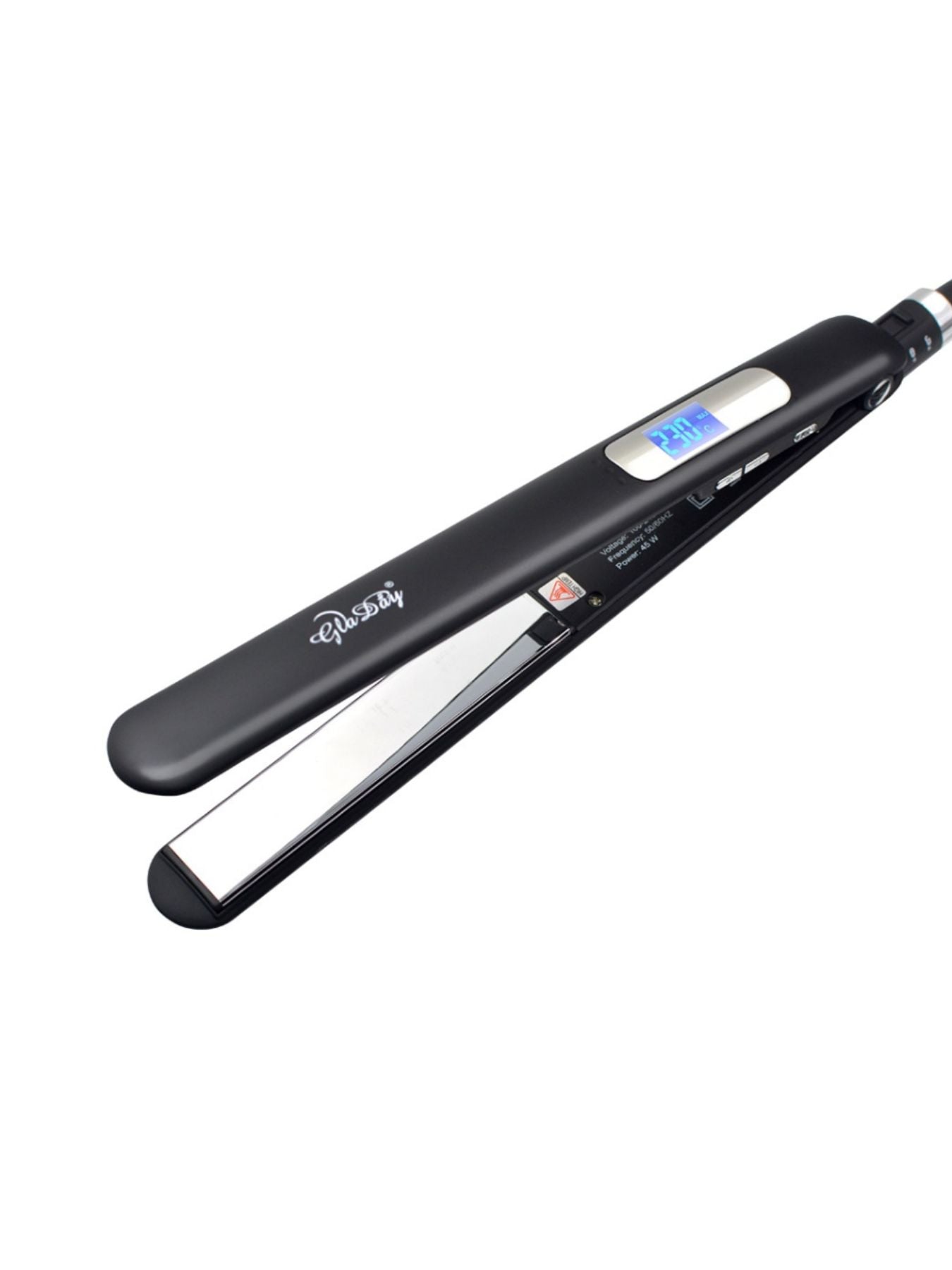 Black digital display hair straightener with European plug from Trendsi, showing sleek design and digital temperature control.