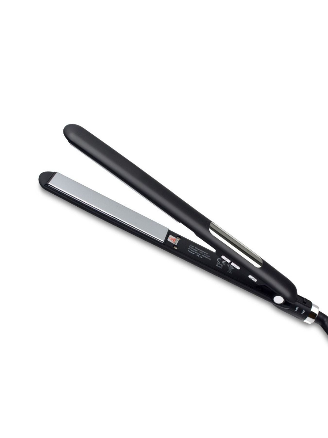 Black digital display hair straightener with European plug, Trendsi brand, showing temperature settings and sleek design.