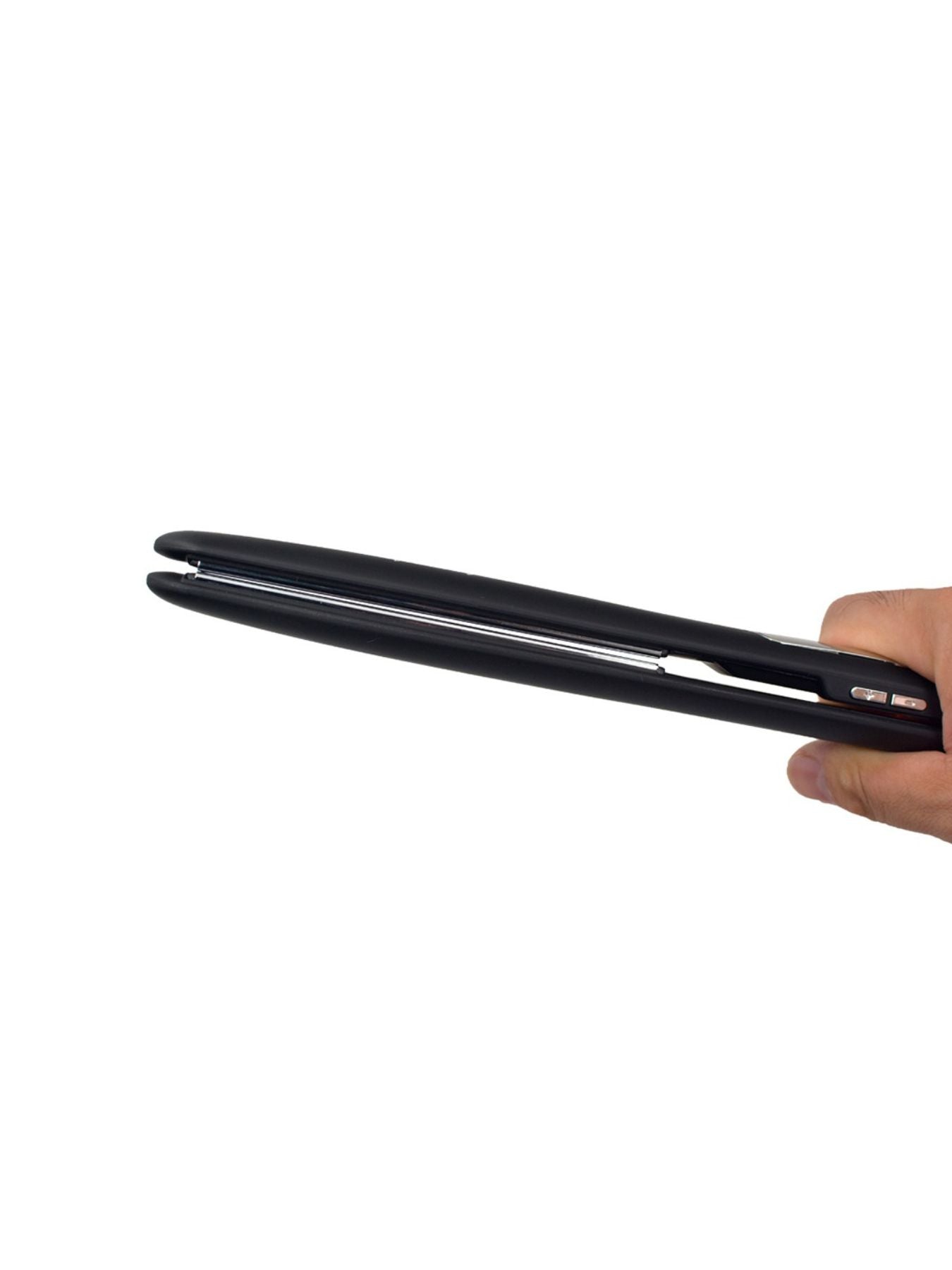 Black digital display hair straightener with European plug, featuring temperature controls for sleek, straight hair styling.