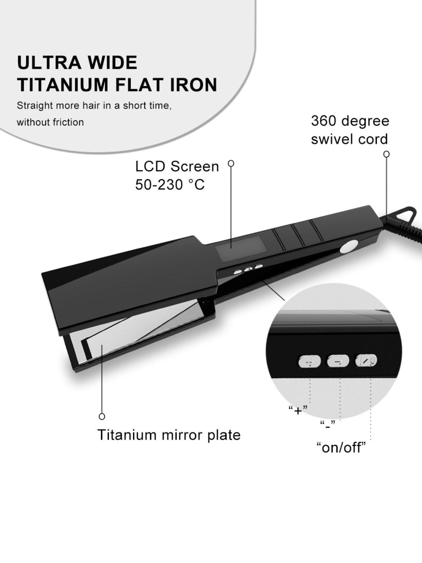 Black Trendsi fast heating hair straightener with European plug, featuring sleek design and ceramic plates for smooth styling.