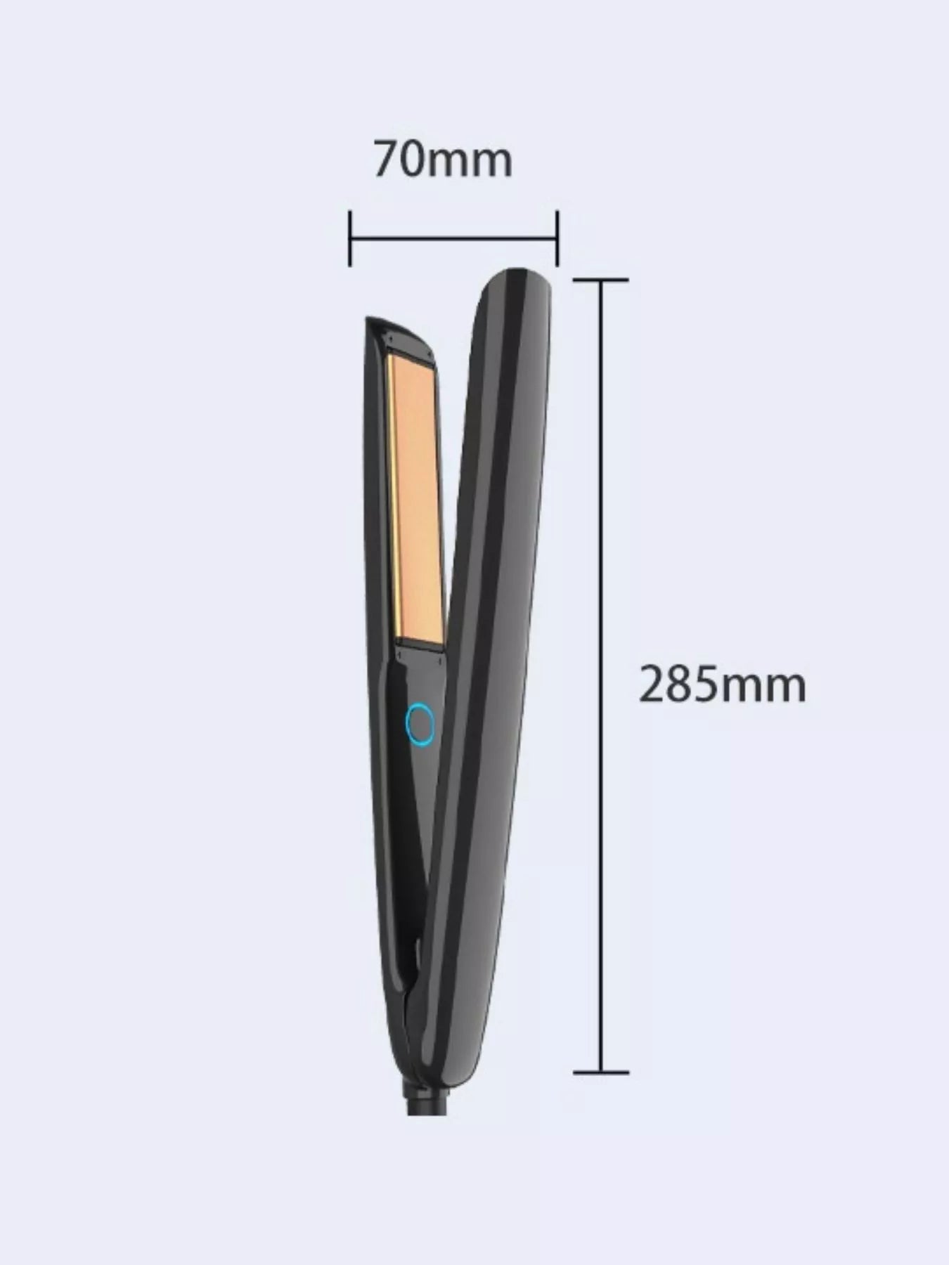 Black Trendsi fast heating hair straightener with European plug, sleek design, and ceramic plates for smooth styling.