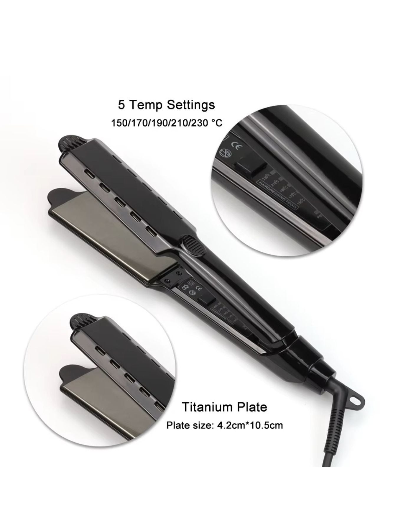Trendsi black fast heating hair straightener with European plug, sleek design for salon-quality styling.