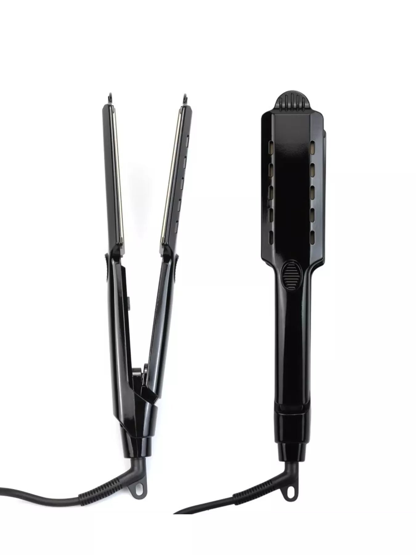 Black Trendsi fast heating hair straightener with European plug, sleek design, and ceramic plates for smooth styling.