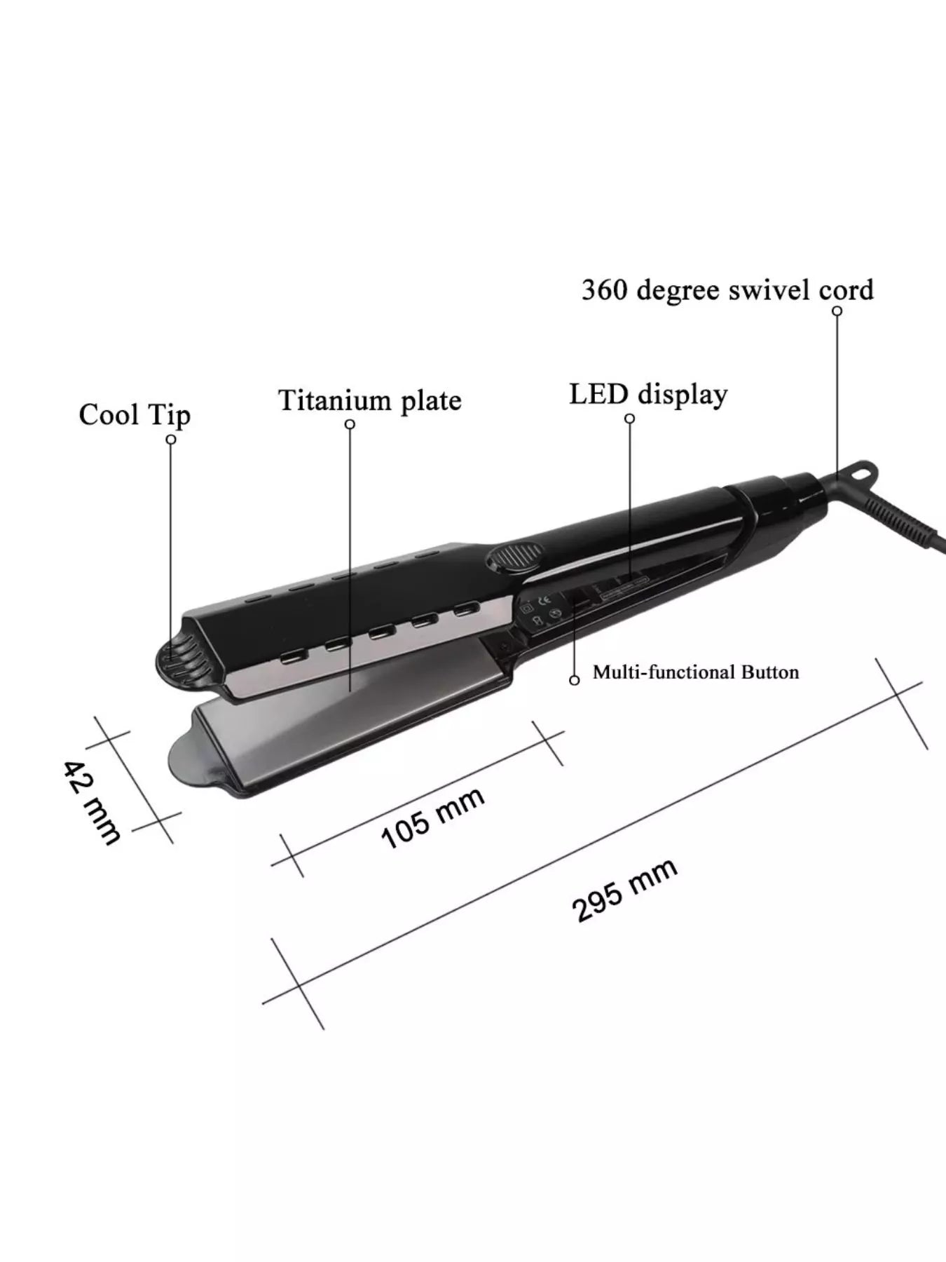 Black Trendsi fast heating hair straightener with European plug, sleek design, and ceramic plates for smooth, shiny hair.