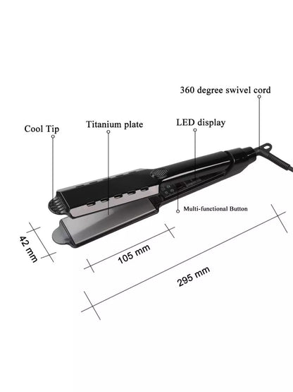 Black Trendsi fast heating hair straightener with European plug, sleek design, and ceramic plates for smooth, shiny hair.