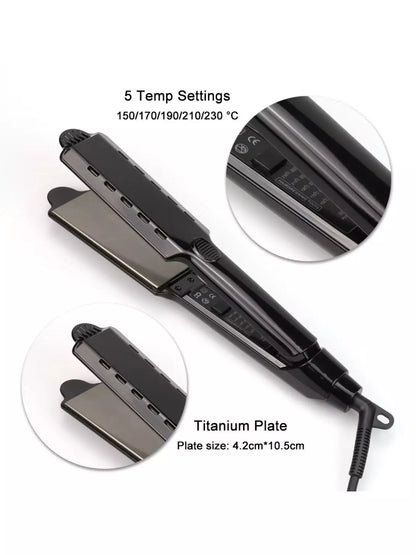 Black Trendsi fast heating hair straightener with European plug, sleek design, and ceramic plates for smooth styling.