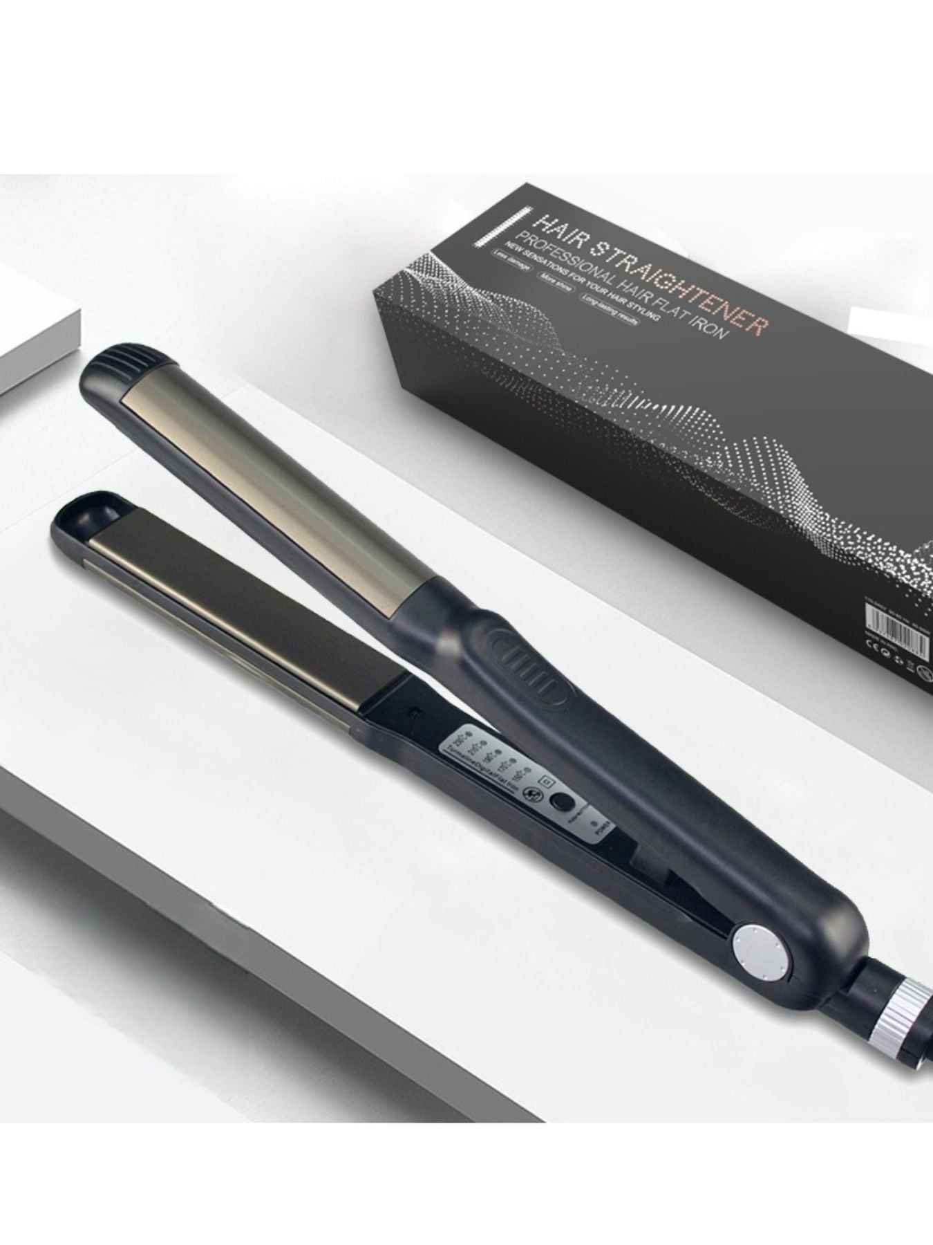 Black Trendsi fast heating hair straightener with European plug, smooth ceramic plates for sleek, straight hair styling.