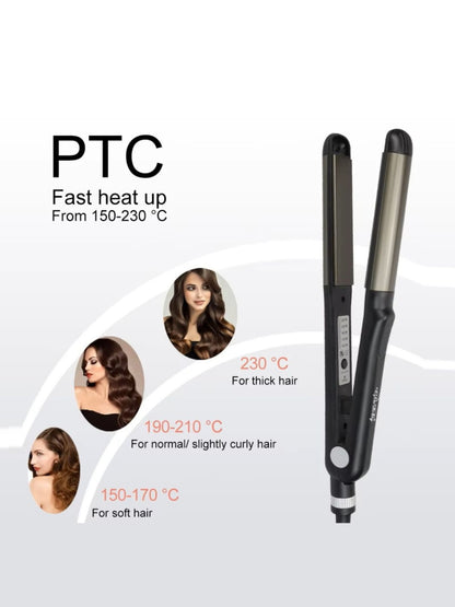 Black Trendsi fast heating hair straightener with European plug, showing sleek ceramic plates for smooth styling.