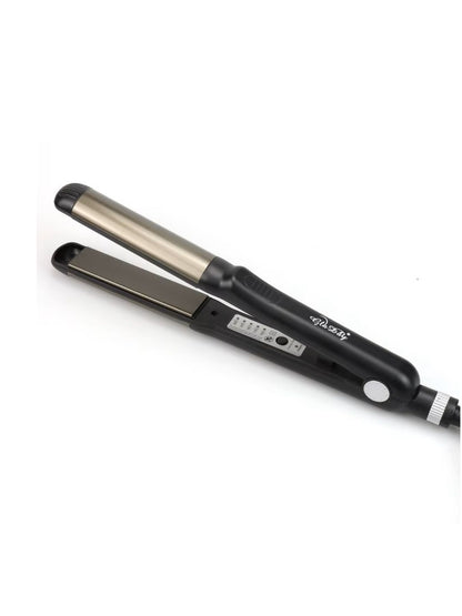 Black Trendsi fast heating hair straightener with European plug, sleek design, and ceramic plates for smooth styling.