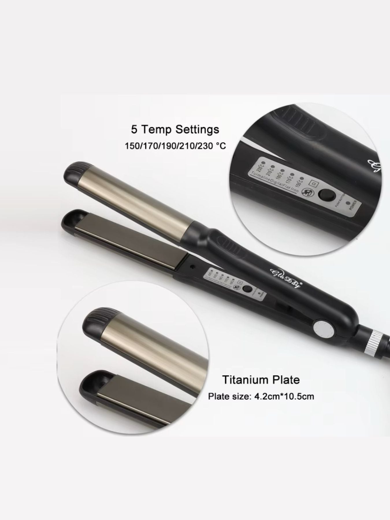 Black Trendsi fast heating hair straightener with European plug, sleek design, and ceramic plates for smooth styling.