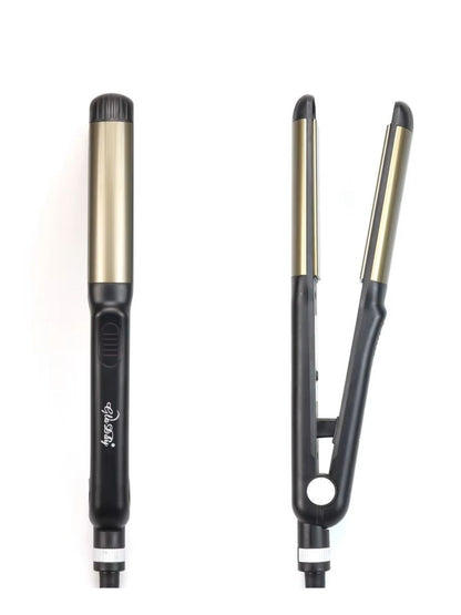 Black Trendsi fast heating hair straightener with European plug, sleek design, and ceramic plates for smooth styling.