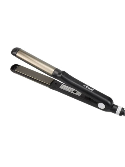 Black Trendsi fast heating hair straightener with European plug, sleek design, and ceramic plates for smooth styling.