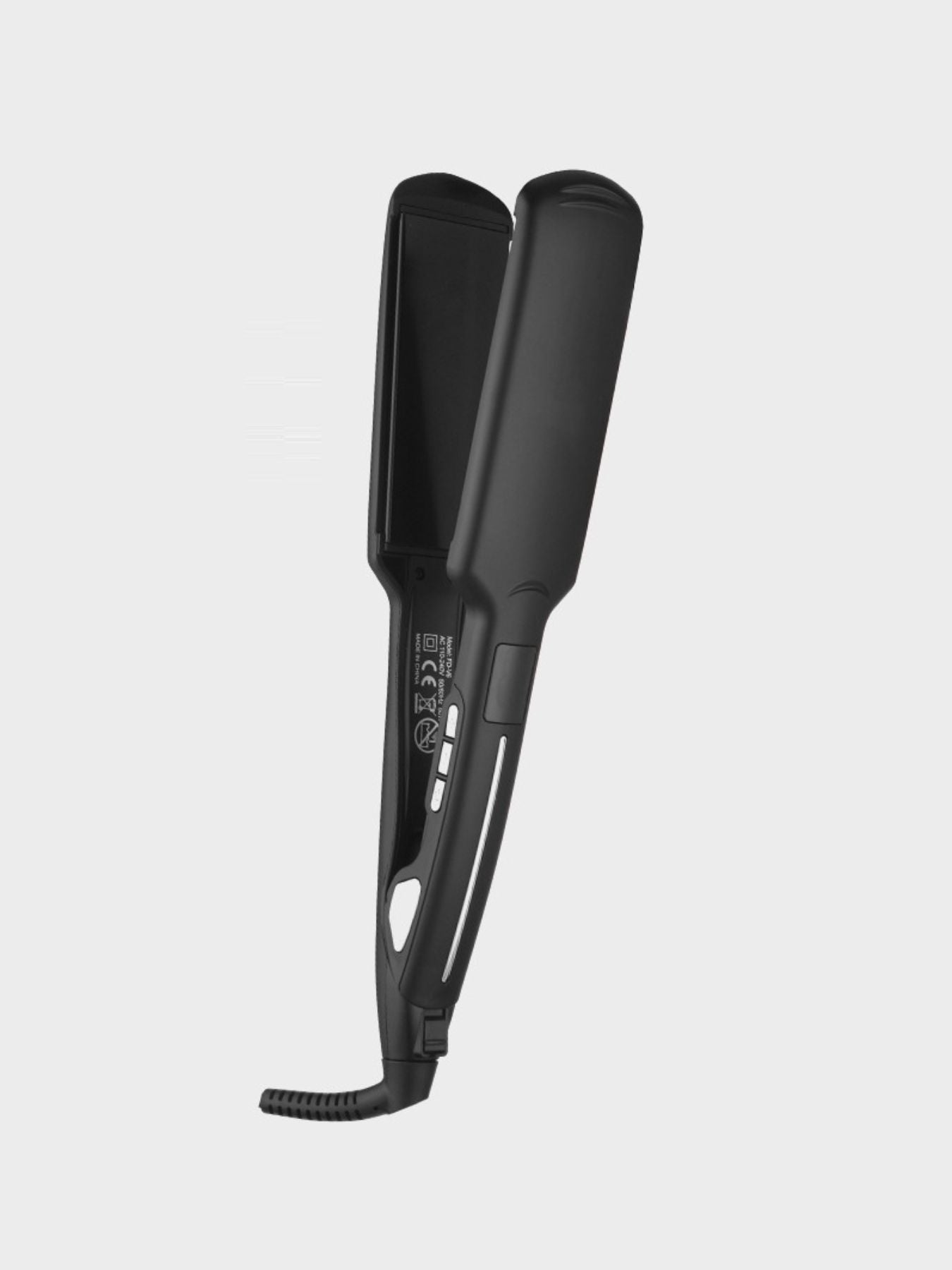Black Trendsi fast heating hair straightener with European plug and ceramic plates for sleek, straight hair styling.