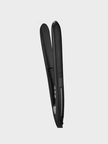 Black Trendsi fast heating hair straightener with European plug, sleek design, and ceramic plates for smooth styling.