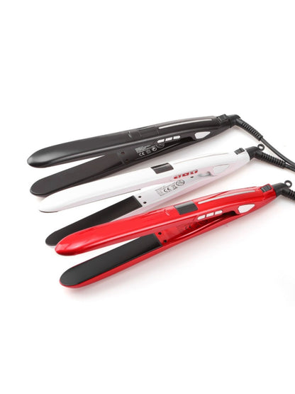Black Trendsi fast heating hair straightener with European plug, sleek design, and ceramic plates for smooth styling.