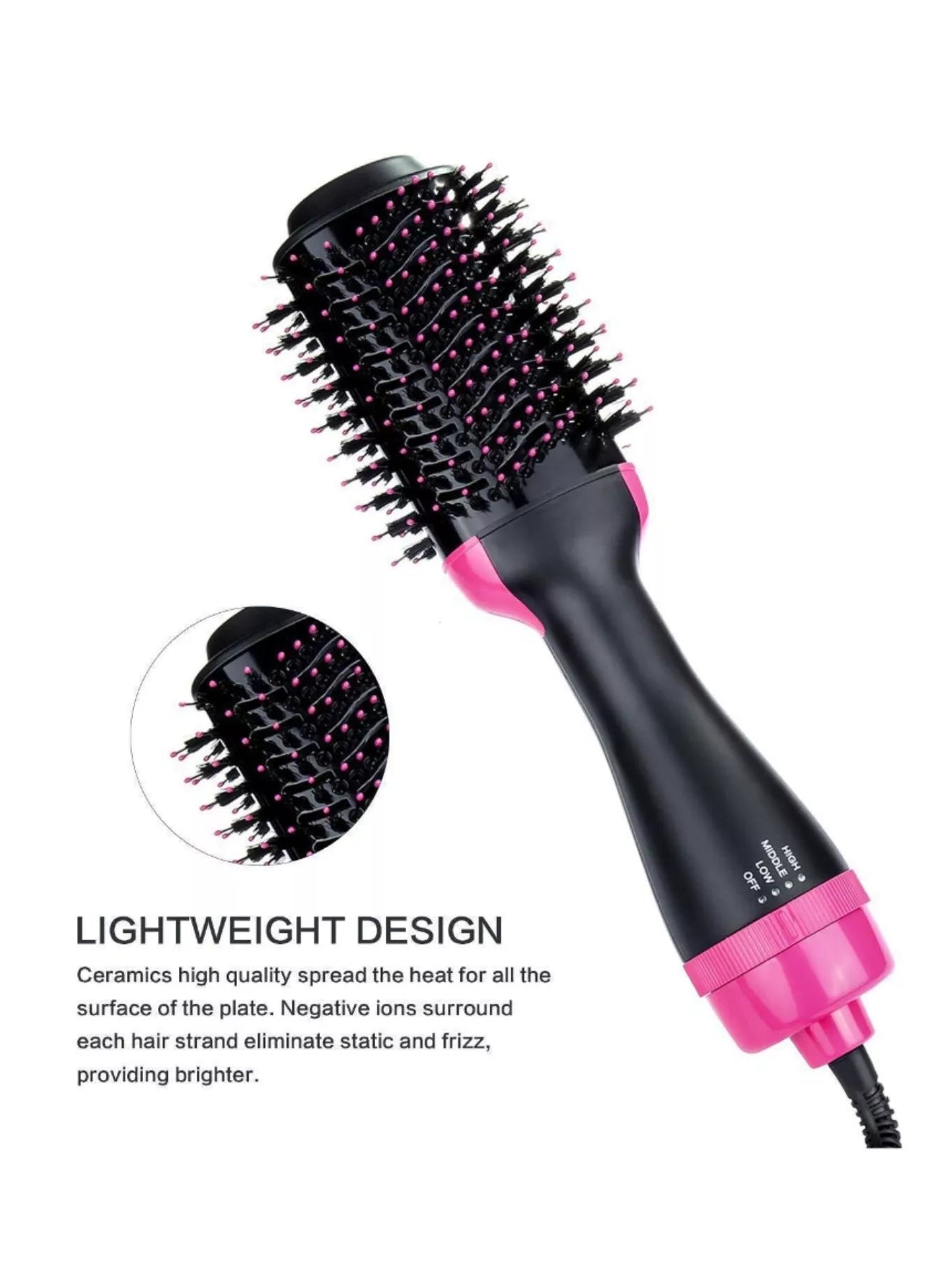 Black Trendsi fast heating hot air brush with European plug for quick, smooth styling and hair drying.