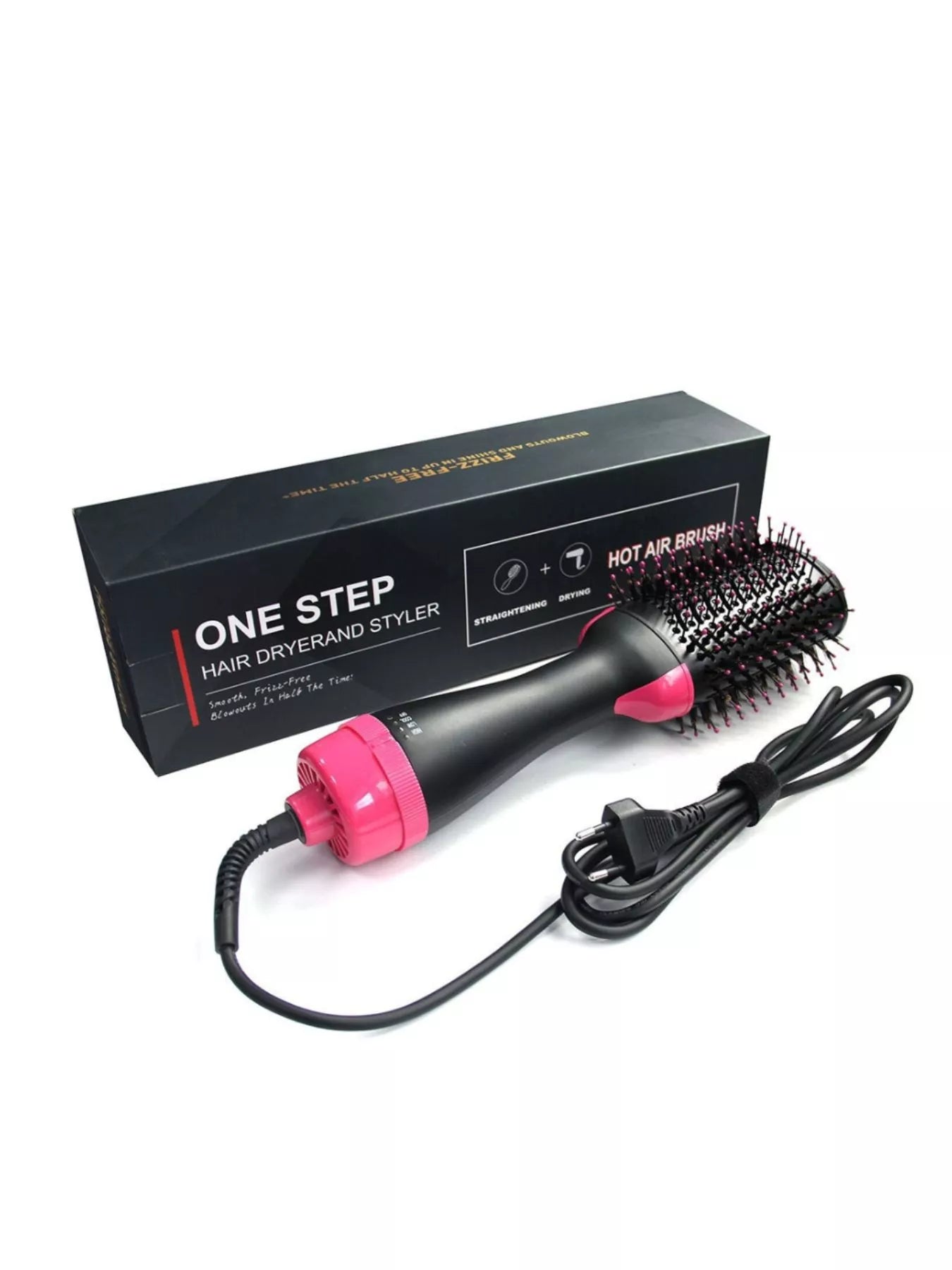 Black Trendsi fast heating hot air brush with European plug, designed for styling and smoothing hair efficiently.