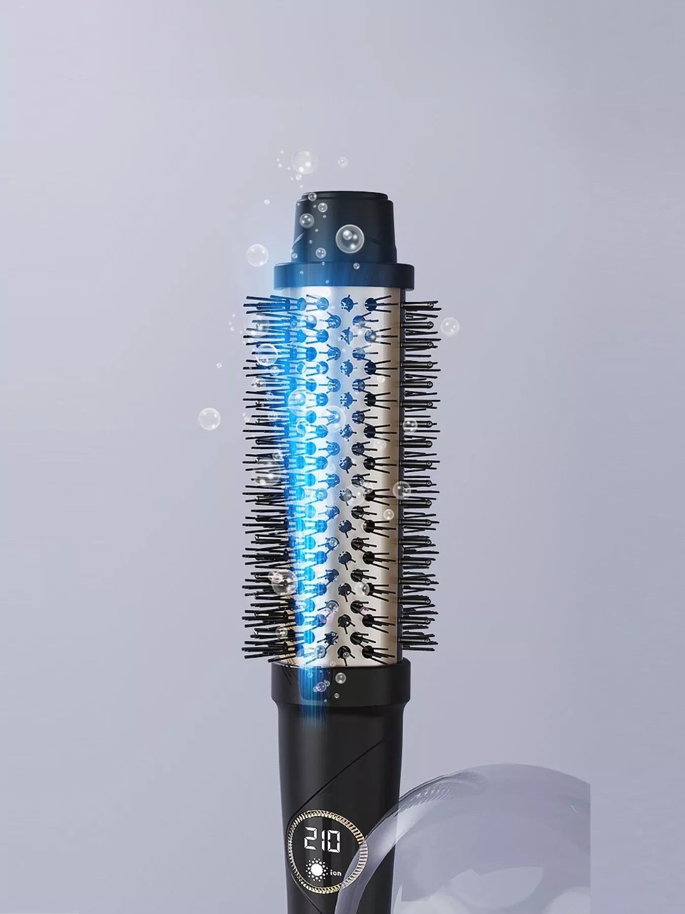 Black Trendsi fast heating hot air brush with European plug, showcasing its sleek design and styling features for smooth, shiny hair.