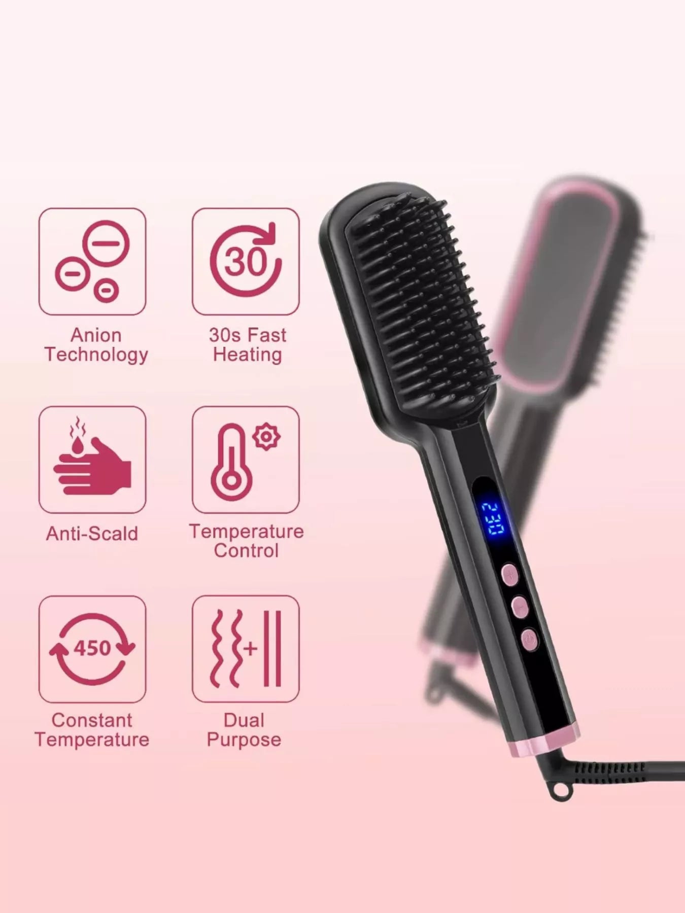 Black Trendsi frizz-free hair straightening comb with European plug, designed to smooth and straighten hair easily.