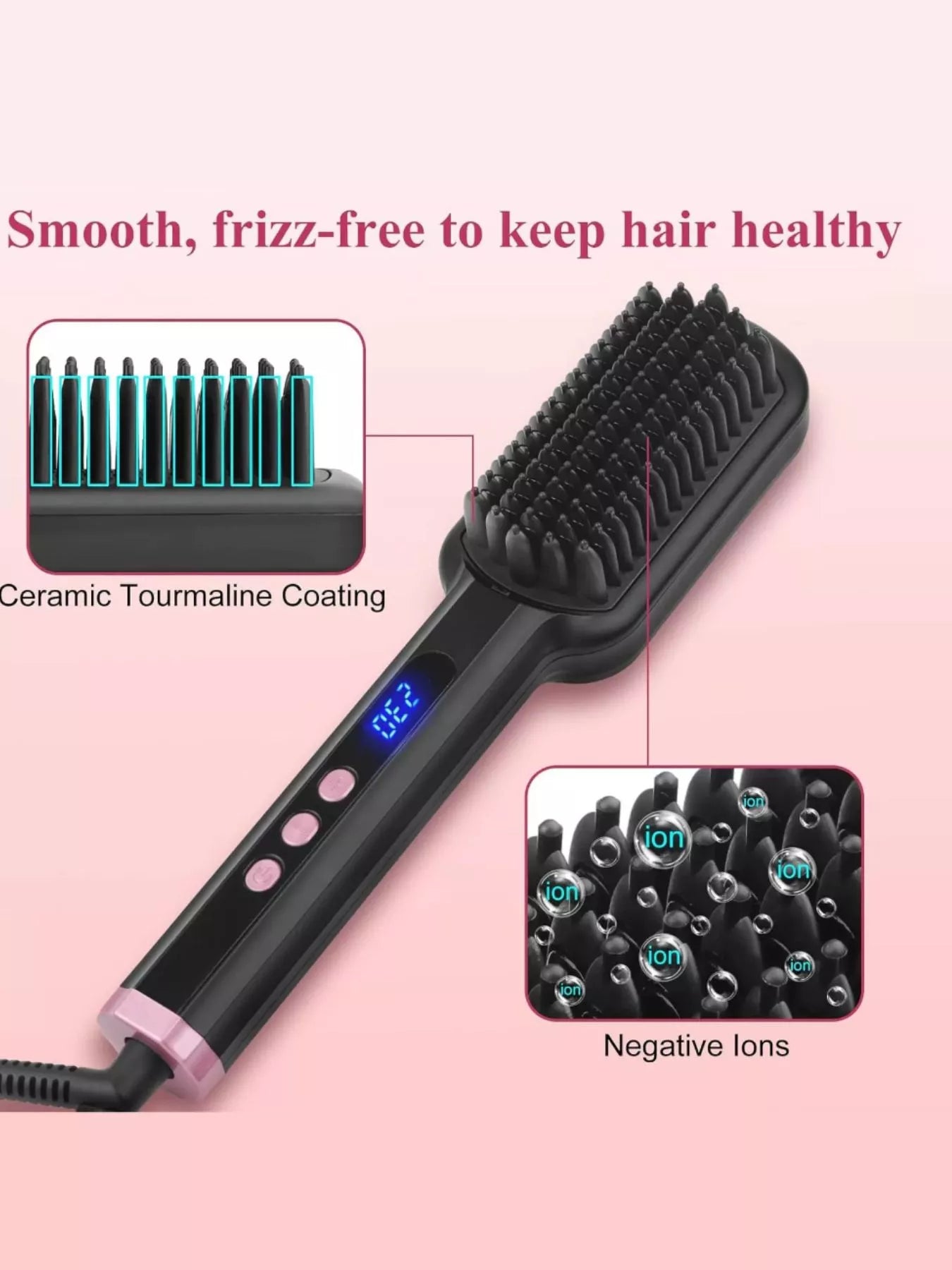 Black Trendsi frizz-free hair straightening comb with European plug, showing sleek design and heated teeth for salon-quality styling.