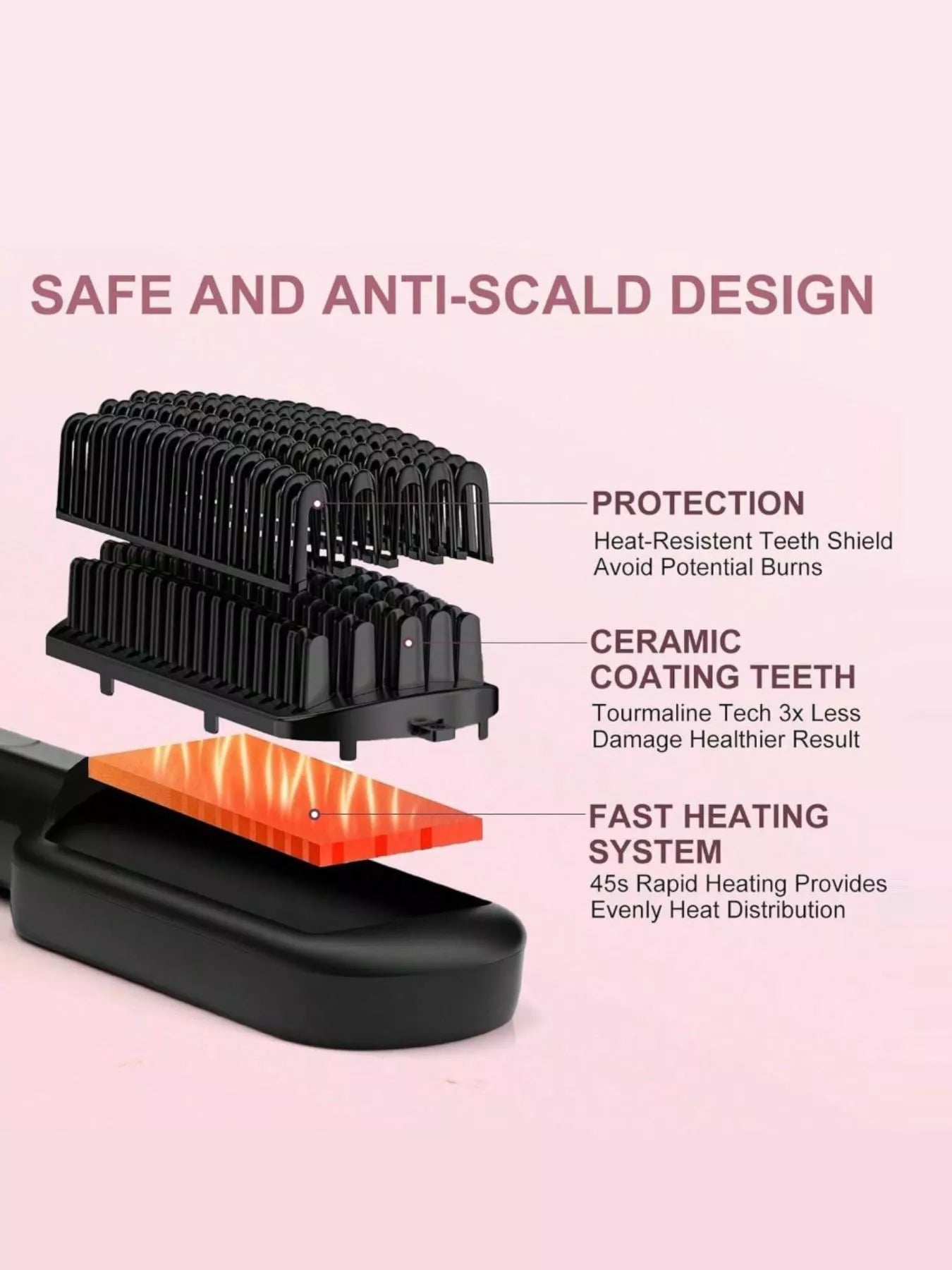 Trendsi black frizz-free hair straightening comb with European plug, smooths and straightens hair effectively.
