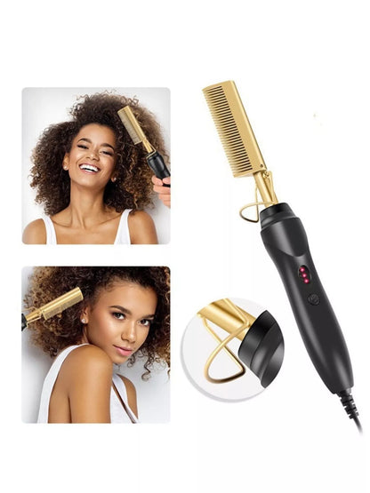 Black heated hair straightening comb by Trendsi with European plug for smooth, straight hair styling.