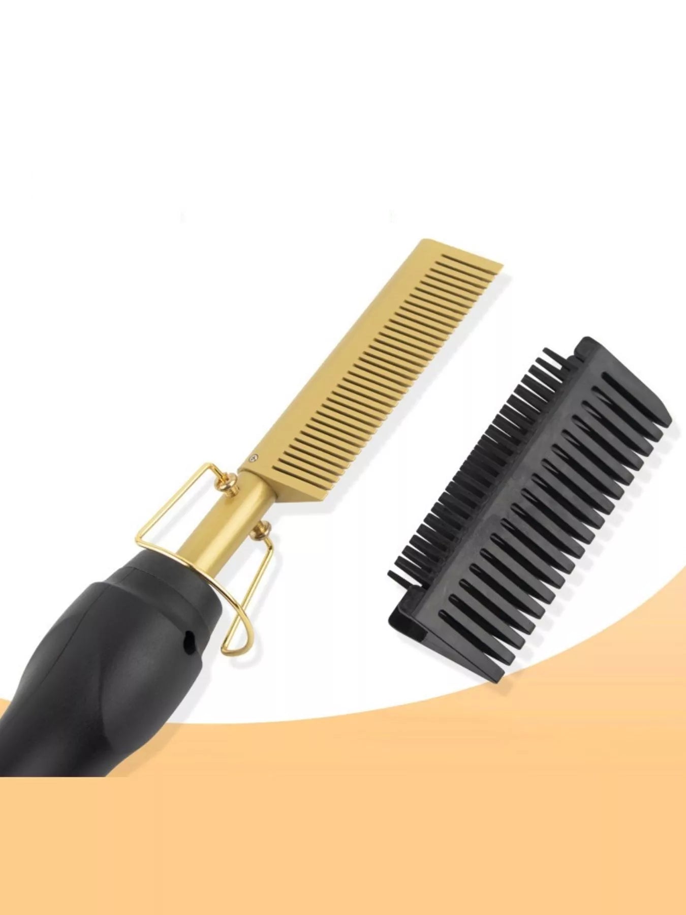 Black heated hair straightening comb by Trendsi with European plug, designed for smooth, straight hair styling.