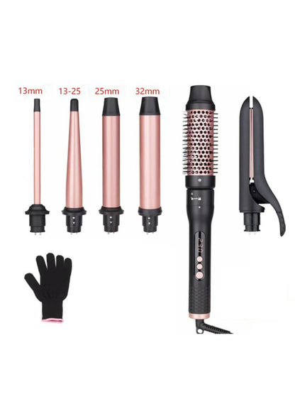 Black Trendsi interchangeable curling iron with European plug and multiple barrel attachments for versatile styling.
