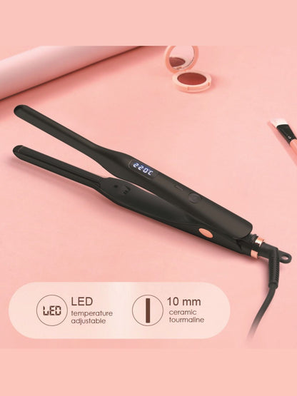 Black LED temperature adjustable straightener with European plug from Trendsi, showing sleek design and control buttons for styling.