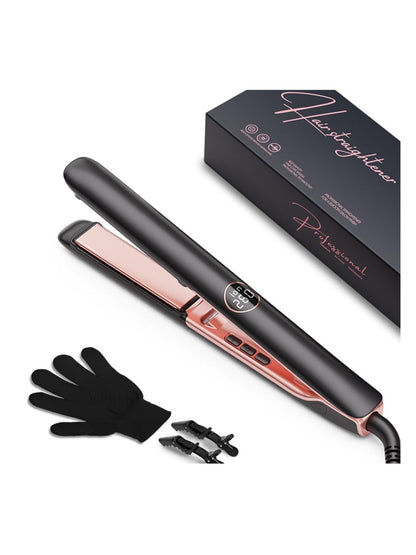 Black professional hair straightener by Trendsi with European plug, sleek design for straightening hair efficiently.