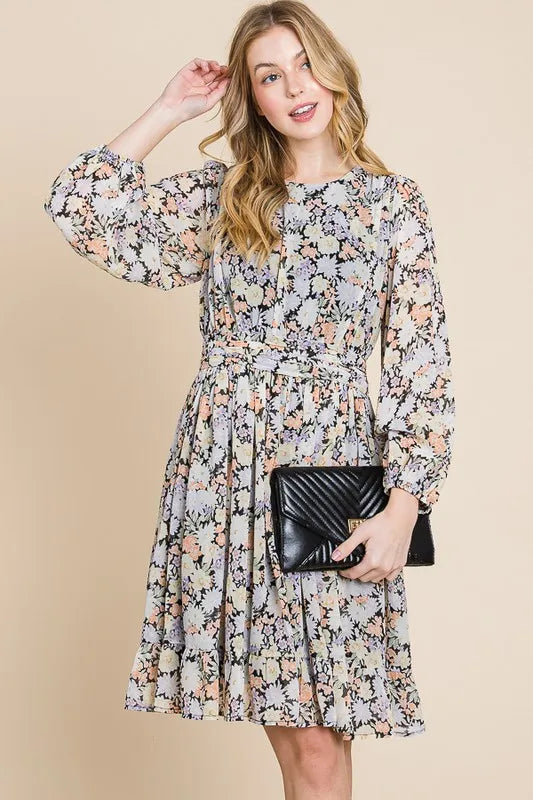 Black floral chiffon belted dress with lime and chili accents, featuring a back zipper and trendy design by Trendsi.