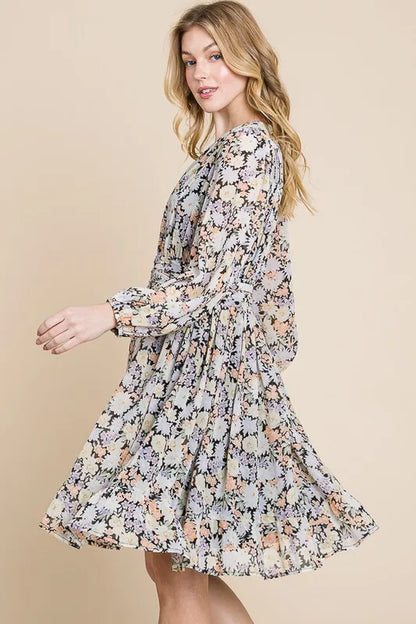 Black floral chiffon belted dress with lime and chili print, back zipper, by Trendsi, perfect for casual or summer wear.