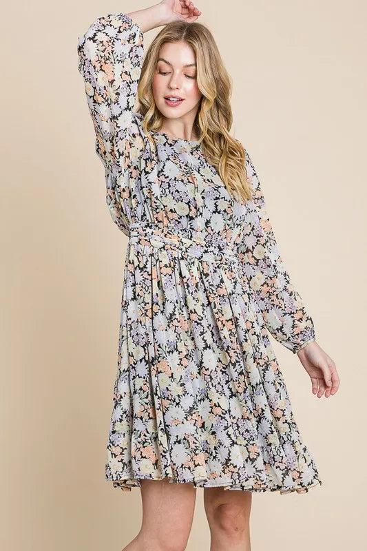 Black floral chiffon belted dress with lime and chili print, featuring a back zipper from Trendsi.