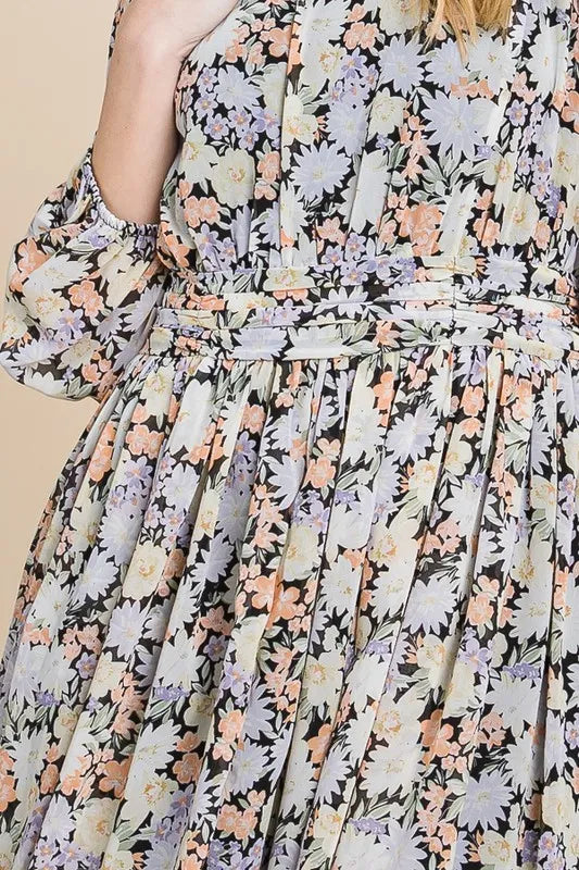 Black floral chiffon belted dress with lime and chili accents, featuring a back zipper and flowy fabric by Trendsi.