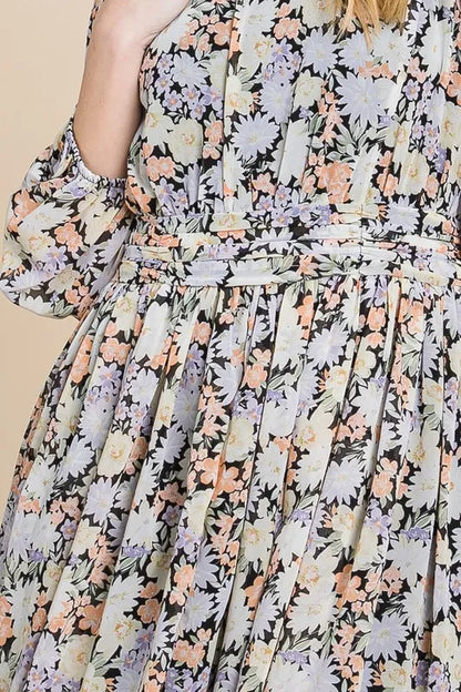 Black floral chiffon belted dress with lime and chili accents, featuring a back zipper and flowy fabric by Trendsi.