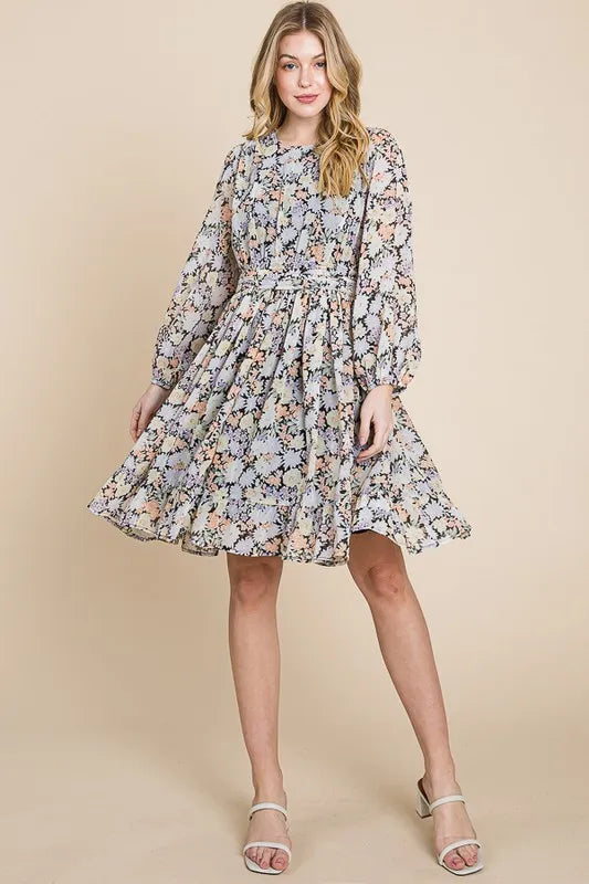 Black floral chiffon belted dress with lime and chili accents, featuring a back zipper and flowing design by Trendsi.