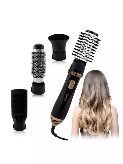 Black and gold 4-in-1 household hair dryer kit with European plug, includes multiple attachments for versatile hair styling.