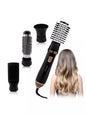 Black and gold 4-in-1 household hair dryer kit with European plug, includes multiple attachments for versatile hair styling.