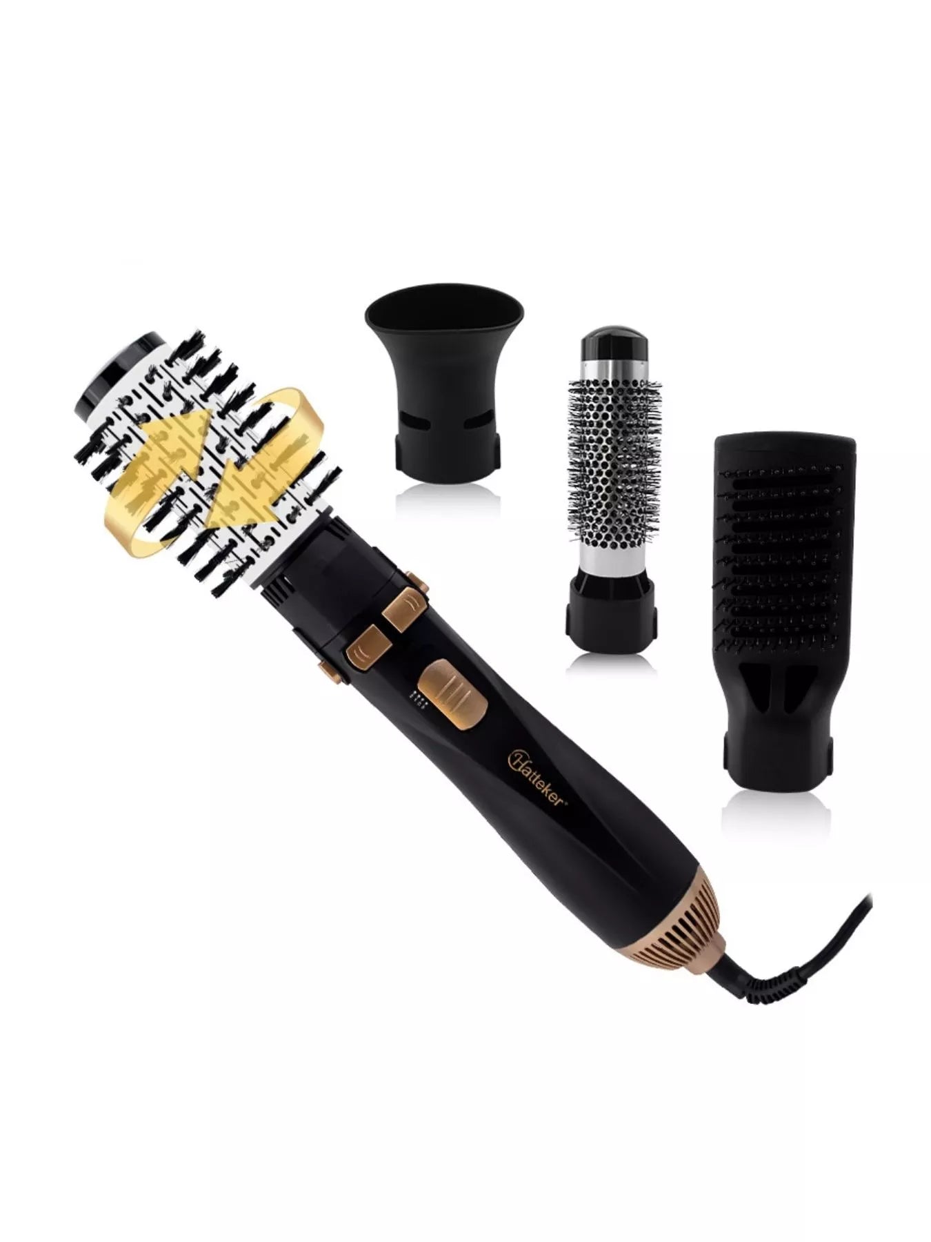 Black and gold Trendsi 4-in-1 household hair dryer kit with European plug, featuring multiple attachments for versatile styling.