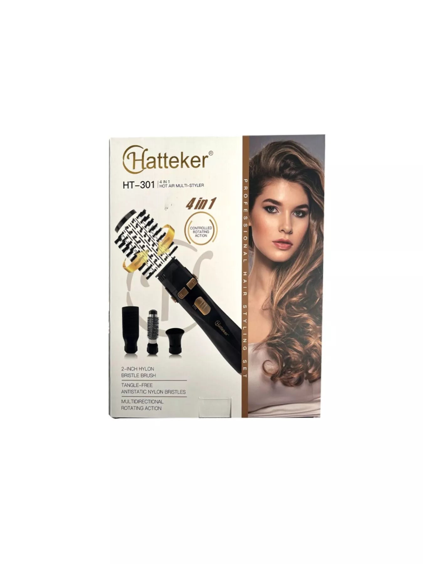 Black and gold 4-in-1 household hair dryer kit with European plug, featuring multiple attachments for versatile hair styling.