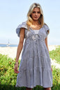 Black and ivory Davi & Dani jacquard V-neck flutter cap sleeve tiered dress, stylish and elegant for any occasion.