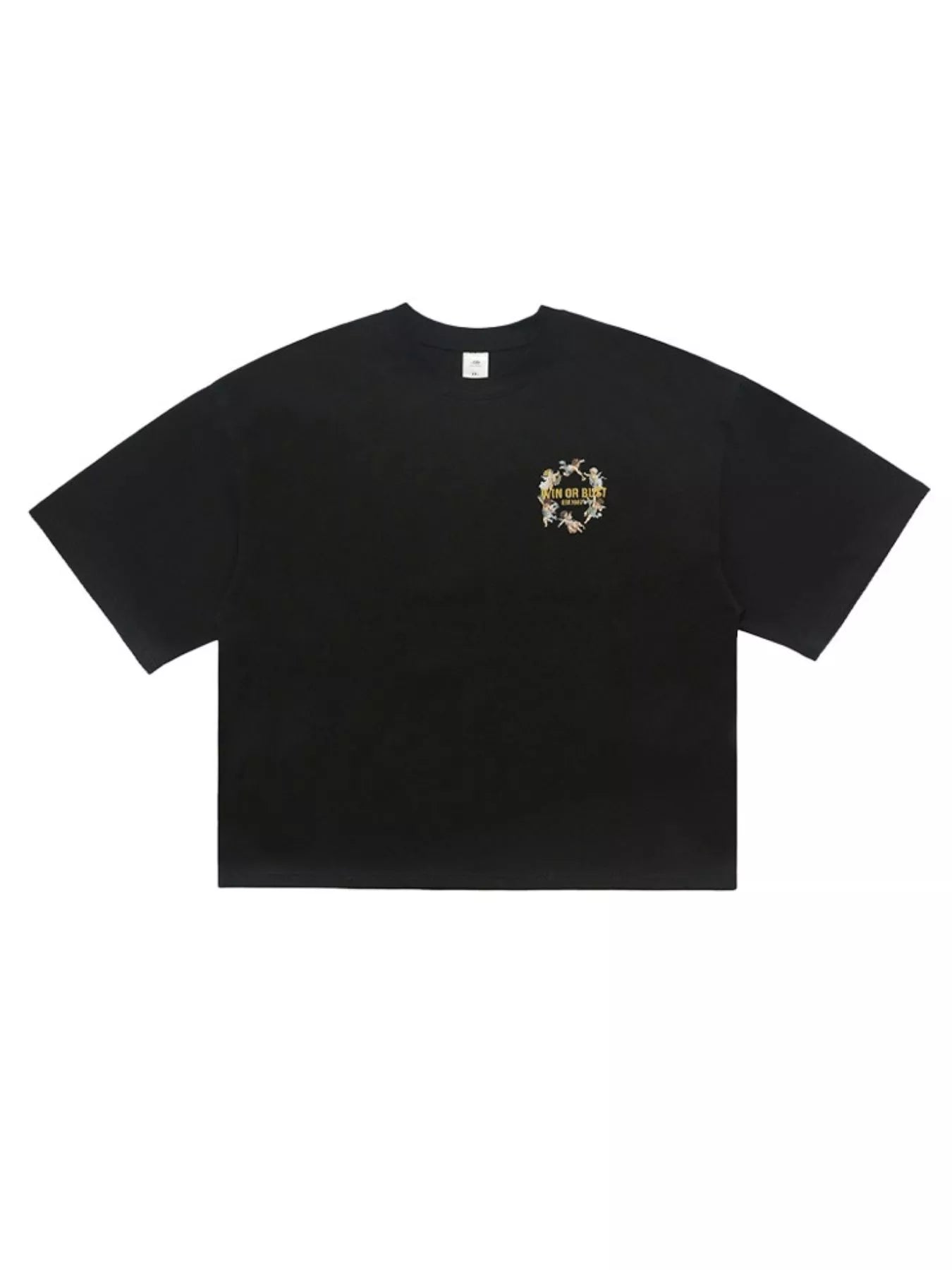 Black men's graphic round neck short sleeve T-shirt from Trendsi, featuring a bold graphic design on the front.