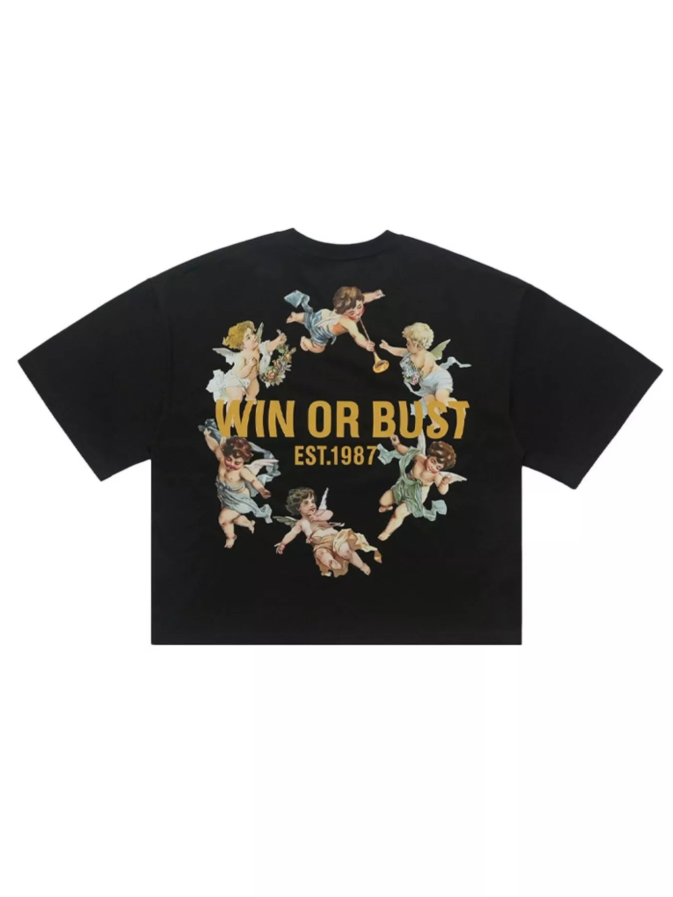 Black men's graphic round neck short sleeve T-shirt by Trendsi, featuring a stylish design on the front.